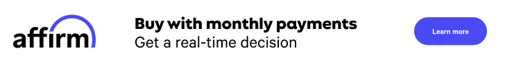 Affirm banner with logo, text that reads 'Buy with monthly payments. Get a real time decision' and 'Learn more' button